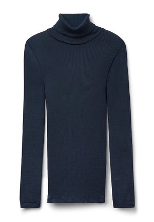 Navyblauwe geribbelde coltrui met lange mouwen, een aansluitende pasvorm en een zachte textuur, met een hoge kraag en gestikte randen.