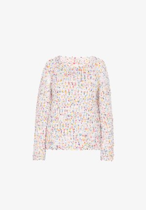 Kootud sviiter lesti lõikega, millel on valge aluspind ja mitmevärvilised laigud. Ümar kaelus ja pikad varrukad. Pehme tekstuur.