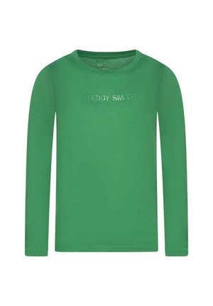 T-shirt vert à manches longues et col rond avec l'inscription "TEDDY SMITH" en lettres subtiles et légèrement réfléchissantes sur la poitrine.