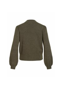 Pull vert olive foncé à manches longues avec épaules bouffantes et poignets côtelés, vu de dos sur fond blanc.