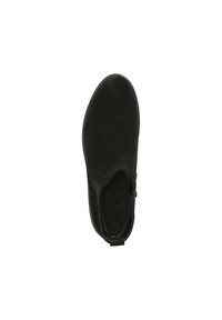 Black ankle boot with a smooth suede texture, rounded toe, elastic side panels, and a zip closure on the side.