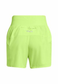 Pantalones cortos verde neón con una amplia cinturilla elástica, bolsillos laterales y un pequeño bolsillo trasero con cremalleras. Textura suave con un detalle mínimo.
