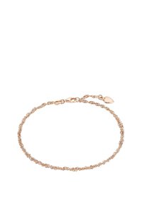 Pulsera delicada de cadena trenzada en oro rosa con cierre de langosta y pequeño charm en forma de corazón sobre un fondo blanco.