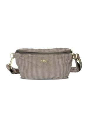 Sac banane en velours côtelé taupe avec sangle ajustable, fermeture éclair dorée et logo « zwei » doré au centre avant.