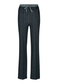 Donkergrijze pinstripe broek met een losse pasvorm en een grijze elastische tailleband met trekkoord.