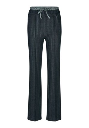 Donkergrijze pinstripe broek met een losse pasvorm en een grijze elastische tailleband met trekkoord.