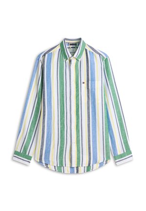 Overhemd met lange mouwen en knopen, met verticale strepen in groen, blauw, geel, grijs en wit, voorzien van een borstzakje met een klein logo.