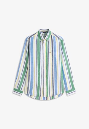 Koszula na długi rękaw z pionowymi paskami w kolorach zielonym, niebieskim, żółtym, szarym i białym, z kieszenią na piersi z małym logo.