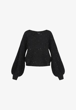 Must mustre kitistatud musta värvi kampsun pika õhku puhuva varrukaga, millel on sisse õmmeldud väikesed hõbedased sädelused, ümmargune kaelus ja soonikkoes varrukasuud.