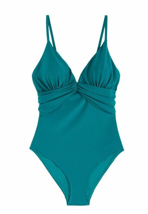 Maillot de bain une pièce bleu sarcelle avec fines bretelles, détails froncés sous la poitrine et encolure en V.