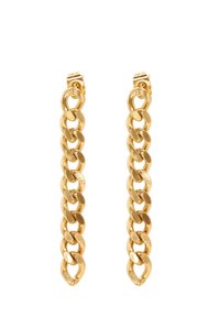 Gold-toned chain link earrings with a shiny finish. Each earring features elongated oval links connected in a staggered pattern.