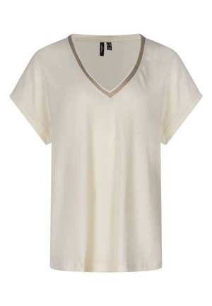 T-shirt crème à manches courtes avec col en V et bordure marron contrastante autour du col, présenté sur fond blanc.