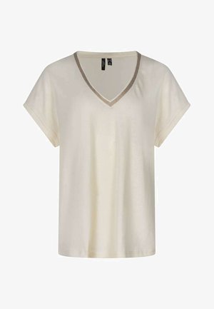 T-shirt crème à manches courtes avec col en V et bordure marron contrastante autour du col, présenté sur fond blanc.