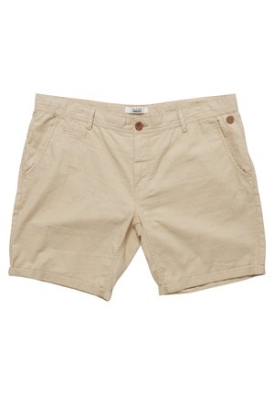 Beige cotton shorts with rolled hems, two side pockets, and a button closure embellished with a brown button detail.