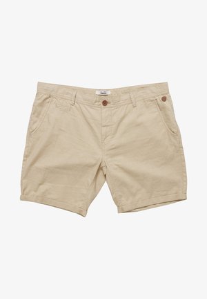 Bež pamučne kratke hlače s prevrnutim rubovima, dva bočna džepa i zatvaranje na dugme ukrašeno smešnim dugmetom u smešnoj boji.