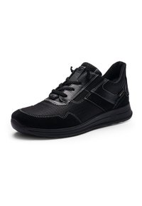 Black low-top sneaker with mixed fabric and leather upper, black laces, white stitching, and cushioned sole, angled right on white background.