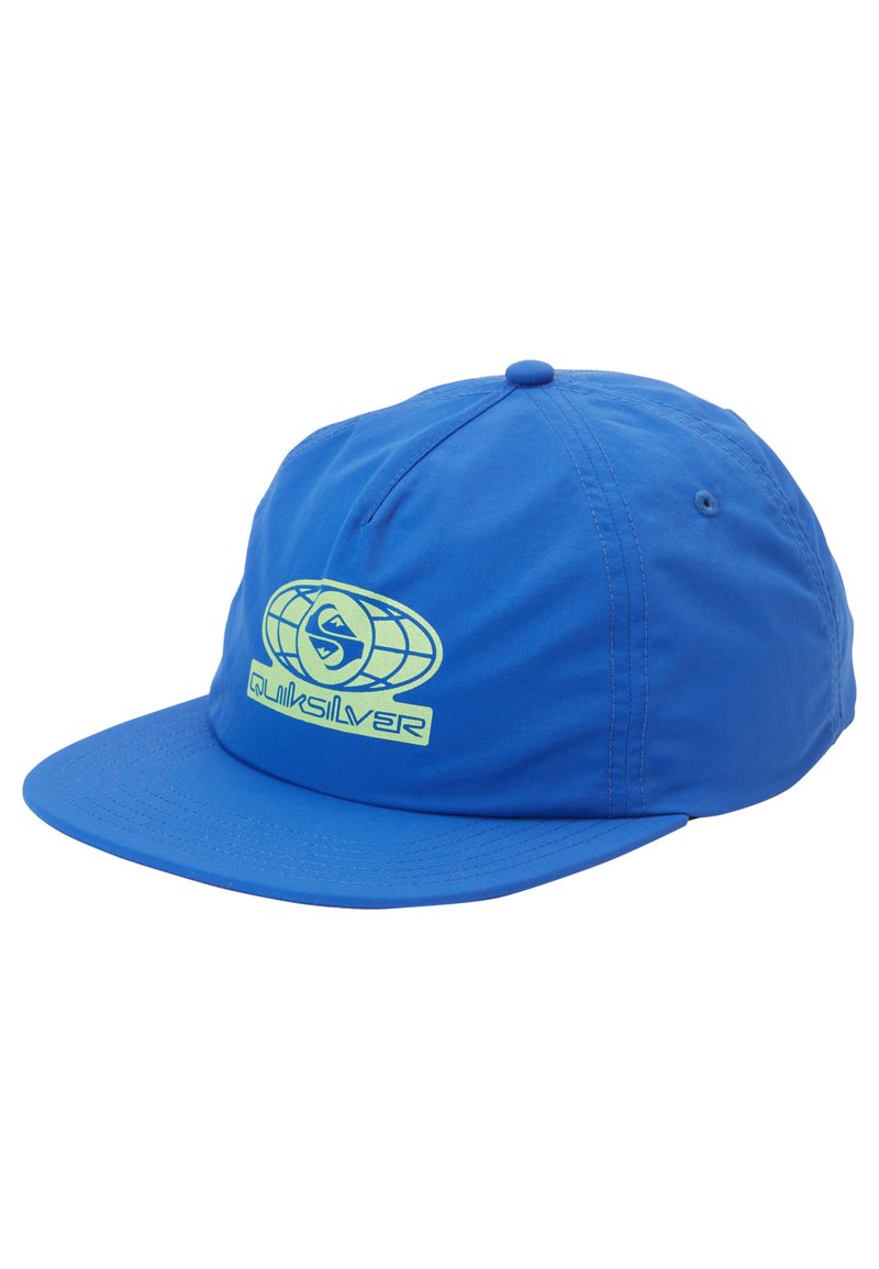 Blaues Cap mit flachem Schirm, aus leichtem Material. Verfügt über ein rundes Logo in Hellgrün an der Vorderseite und ein gesticktes Design.