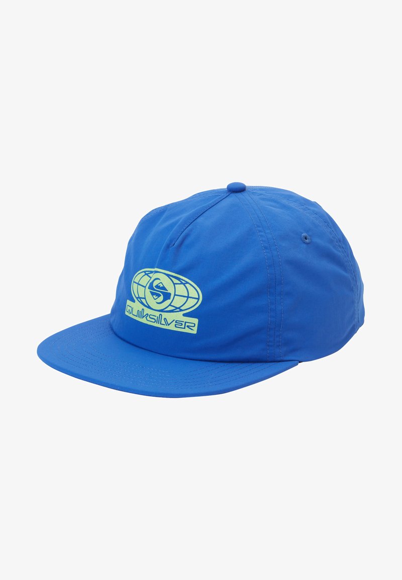 Blaues Cap mit flachem Schirm, aus leichtem Material. Verfügt über ein rundes Logo in Hellgrün an der Vorderseite und ein gesticktes Design.