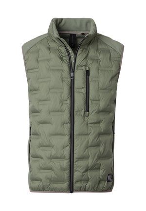 Quilted olive green vest with a high collar, zippered front, and side pockets; features textured shoulders and reflective accents.
