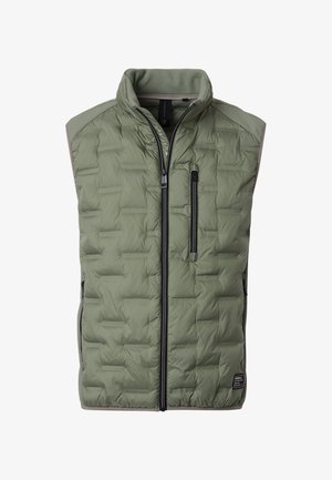 Quilted olive green vest with a high collar, zippered front, and side pockets; features textured shoulders and reflective accents.