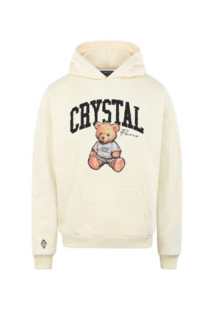 Crème hoodie met voorzak, zwarte tekst "CRYSTAL Paris" en een teddybeer met een shirt waarop "Crystal Paris" staat, gedrukt op de borst.