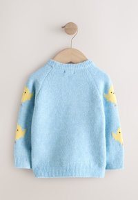 Pull bleu clair pour enfants à manches longues avec des motifs de poussins jaunes sur chaque bras, suspendu à un cintre en bois.