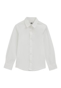 Cămașă albă cu mâneci lungi dintr-un material neted, având un guler ascuțit, nasturi pe partea din față și tiv rotunjit. Nasturii sunt de culoare deschisă.