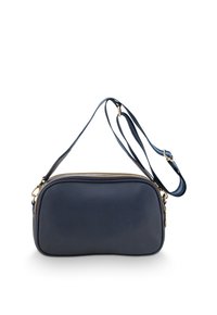 Marine lederen crossbody tas met een gestructureerd oppervlak, gouden ritssluiting en verstelbare schouderband. Compakte rechthoekige vorm met ronde hoeken.