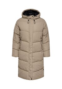 Beige vadderad jacka med huva, med vertikala quiltade sektioner, svart insida och sidofickor med dragkedjor.