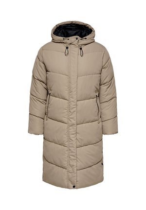 Beige toppatakk, jossa on huppu, pystysuorat tikkaukset, musta vuori ja vetoketjulliset sivutaskut.