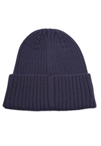 Merinovillaneul beanie tummansininen, jossa on röpelöisen tekstuuri, taitettu lämpökaulus ja hillityt kohotetut kuviot kruunussa. Pehmeä ja joustava materiaali.