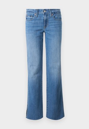 Jean en denim bleu avec une légère évasement, fermeture par boutons à l'avant et design à cinq poches, présenté sur un fond blanc uni.