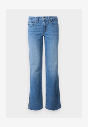 Jean en denim bleu avec une légère évasement, fermeture par boutons à l'avant et design à cinq poches, présenté sur un fond blanc uni.