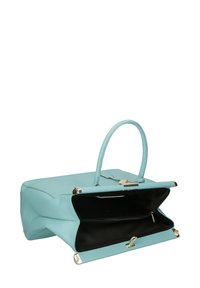 Mintgroene leren handtas met een gestructureerd ontwerp, uitgerust met een bovenhandgreep en een zwarte binnenkant. Inclusief gouden hardwareaccenten.