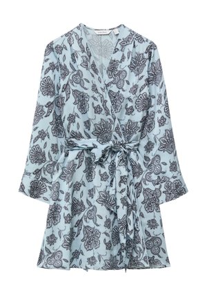 Hele sinine wrap-kleidi musta lillemustriga, pikkade varrukatega ja vööga vöökoha sõlmega.