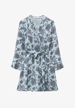 Hele sinine wrap-kleidi musta lillemustriga, pikkade varrukatega ja vööga vöökoha sõlmega.