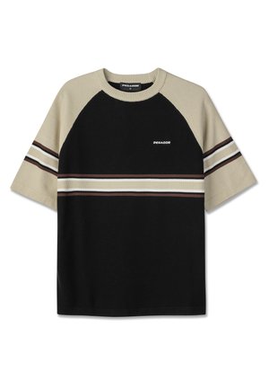 Short-sleeve knit shirt with beige sleeves, black body, horizontal white and brown stripes, and "PEGADOR" logo on the chest.
