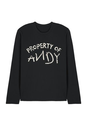 Black long-sleeve shirt with white distressed text stating "PROPERTY OF ANDY" across the chest in mixed font styles.