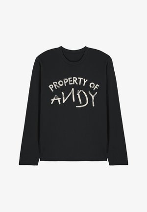 Black long-sleeve shirt with white distressed text stating "PROPERTY OF ANDY" across the chest in mixed font styles.