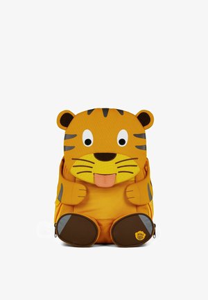 Small orange children's backpack designed as a playful tiger with ears, eyes, whiskers, and a sticking-out tongue.