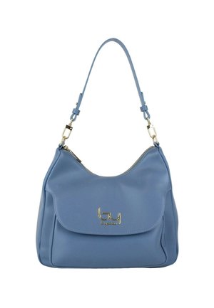 Borsa a tracolla in pelle azzurro chiaro con placca logo dorata, chiusura con zip e tracolla regolabile con fibbie in metallo.