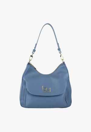 Borsa a tracolla in pelle azzurro chiaro con placca logo dorata, chiusura con zip e tracolla regolabile con fibbie in metallo.