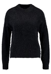 Svart, fluffig tröja med rundad halsringning, långa ärmar och en avslappnad passform. Mjuk, texturerad tyg ger värme och visuell intressant.