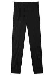 Zwarte broek met streepjespatroon, met een gladde textuur, taps toelopend ontwerp, riemlussen en zijzakken. Klassieke snit geschikt voor formele kleding.