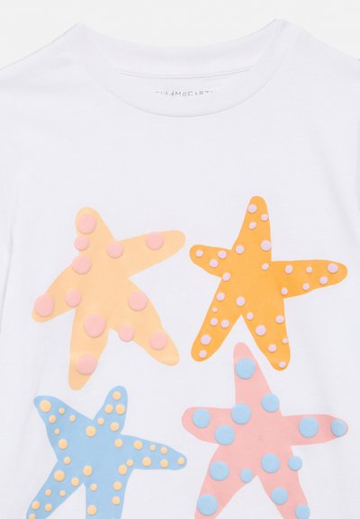 White shirt with four starfish shapes in peach, orange, blue, and pink, each decorated with contrasting raised polka dots.