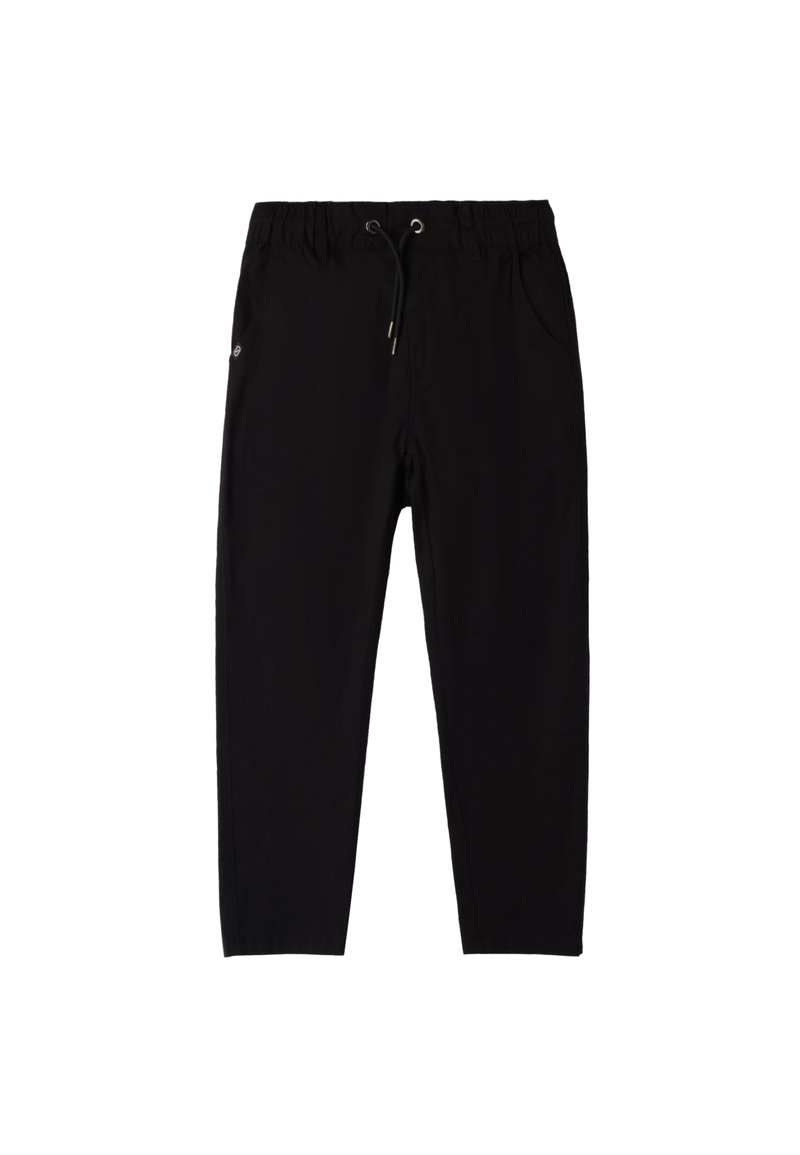 Schwarze leichte Hose mit elastischem Bund, verstellbarem Kordelzug und seitlichen Taschen. Glatte Textur ohne sichtbare Muster.