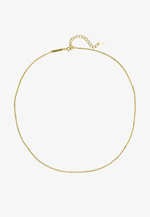Gouden metalen ketting met een delicate, gestructureerde schakel en kleine accentdetails, voorzien van een verstelbare sluiting met een kettingverlenging.