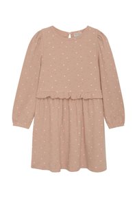 Rosa Langarmkleid mit weißen und grünen Polka-Dots, strukturierter Stoff, geraffte Taille und rüschensaum. Schlüsselhalterverschluss hinten mit Knopf.