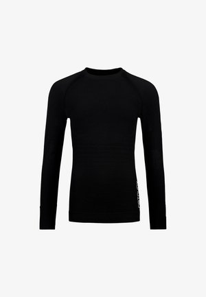 Black long-sleeve top made of smooth, stretchy fabric. Features raglan sleeves and a fitted design. White logo accent on the side.