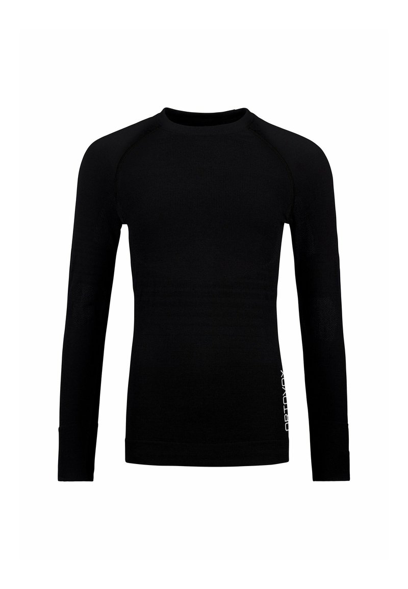 Black long-sleeve top made of smooth, stretchy fabric. Features raglan sleeves and a fitted design. White logo accent on the side.